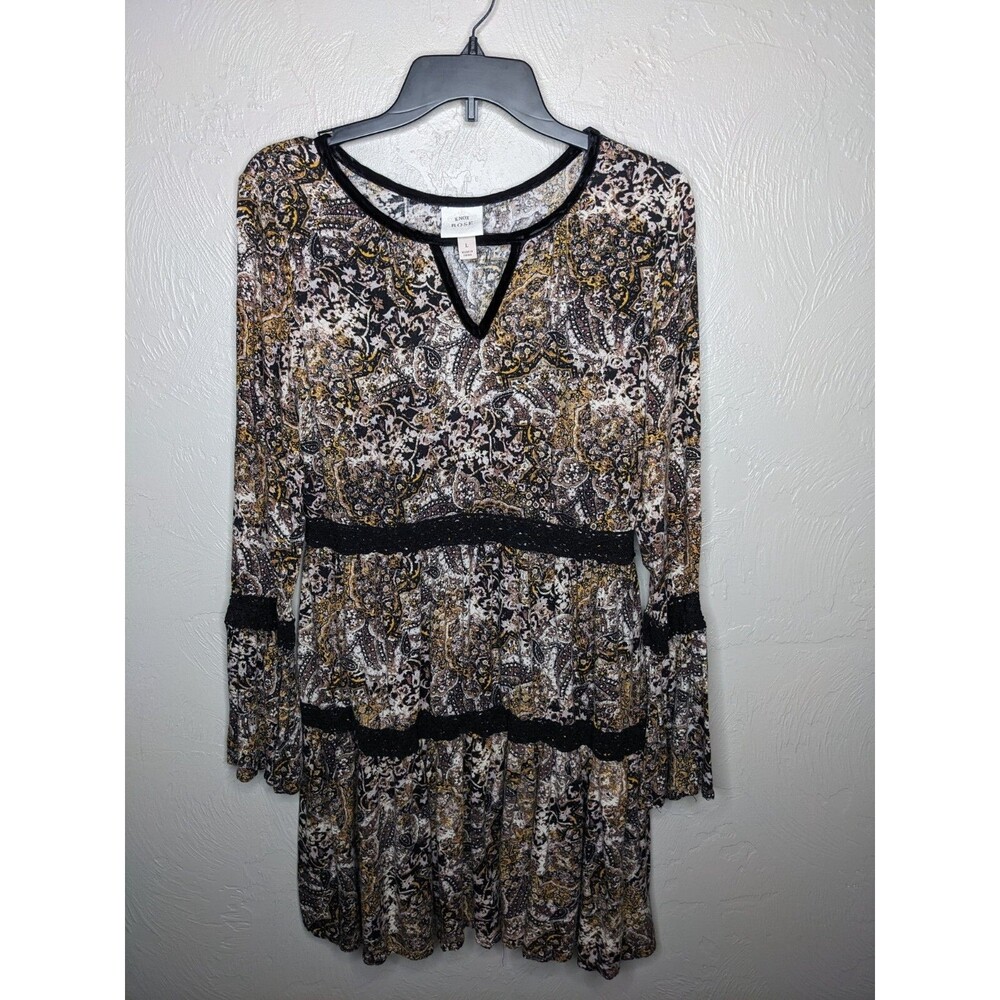 Knox Rose Womens Large Brown Paisley Crochet Long Bell Sleeve V-Neck Dress